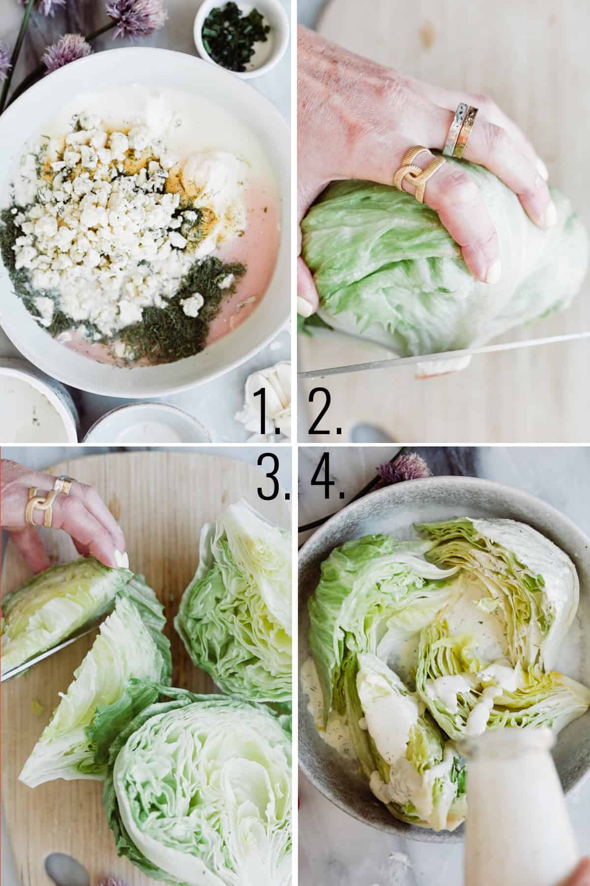All ingredients into a bowl for the dressing then lettuce slices into wedges and dressing on top.