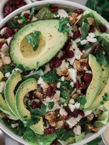 Avocado lettuce salad with cilantro on top.