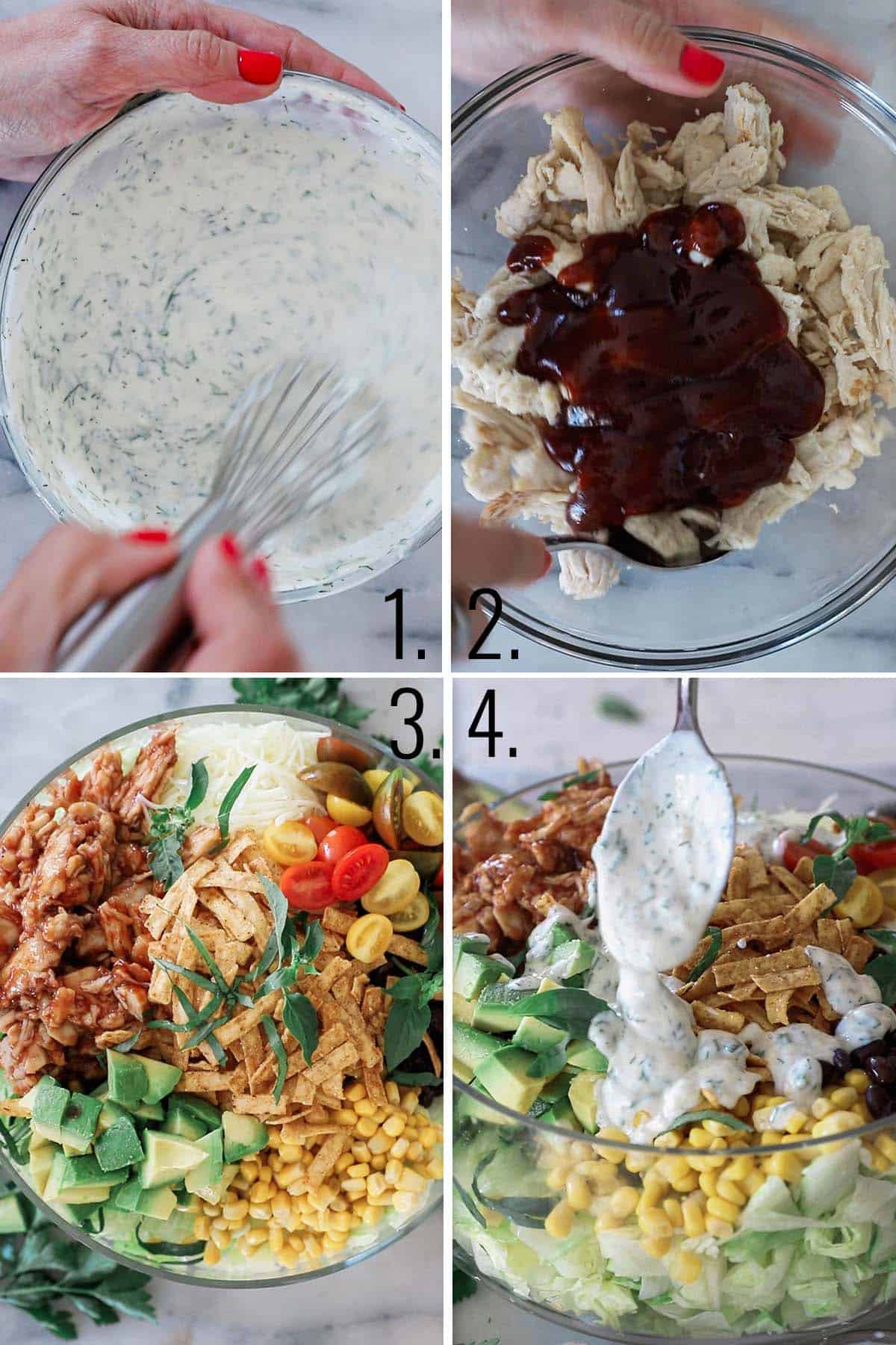 Dressing being mixed in a bowl. BBQ sauce poured into the chicken and all the ingredients combined in a bowl, then dressing poured on top.