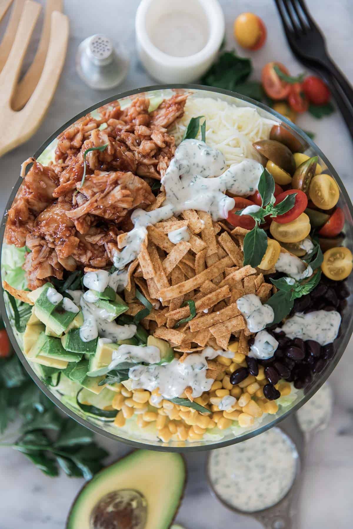 A bowl of BBQ chicken salad.