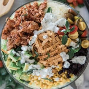 BBQ chicken salad combined in a bowl.