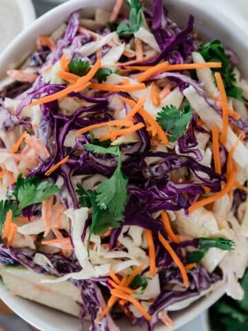 Coleslaw with apple, carrots, cabbage, and parsley garnished on top.