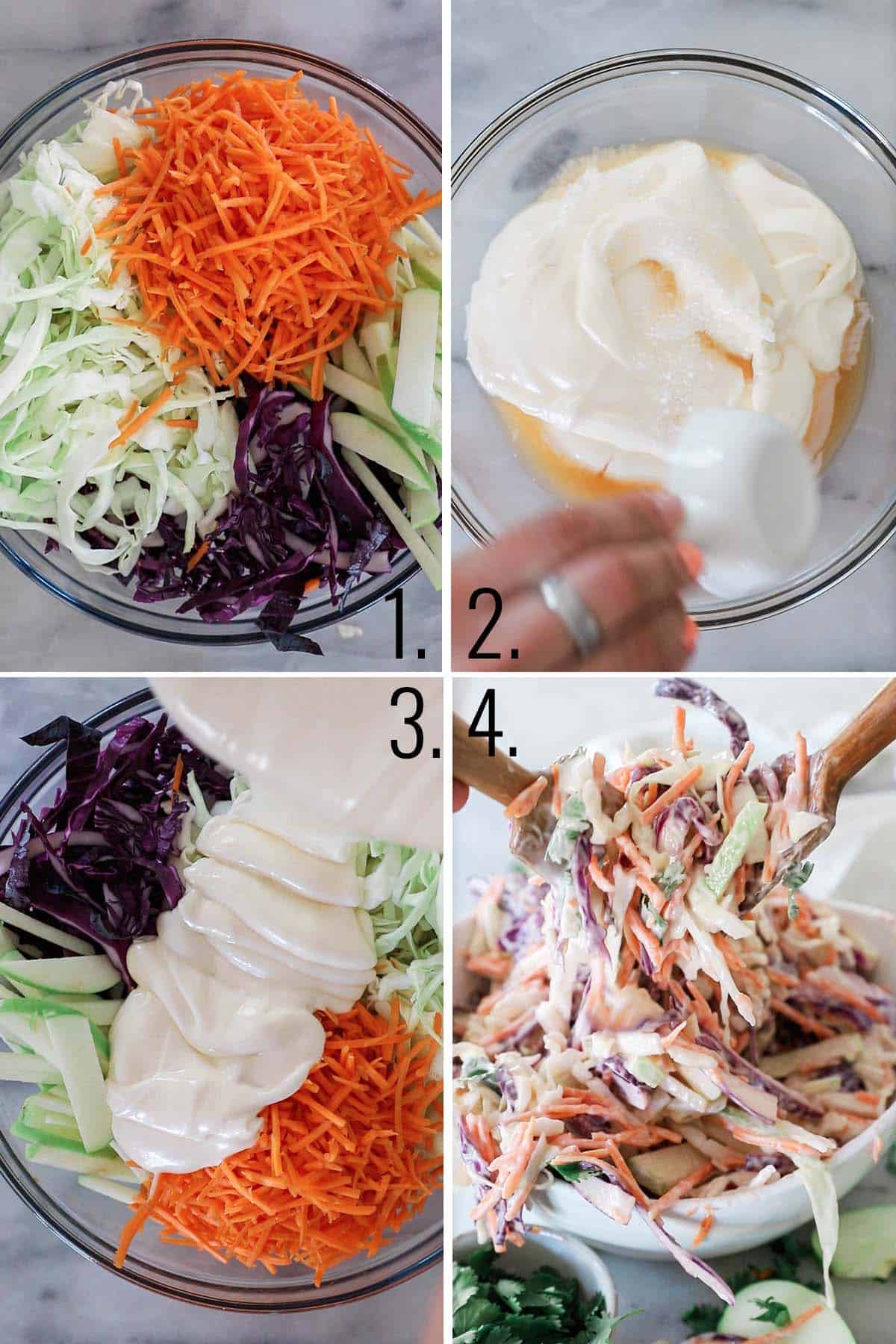 Cabbage, carrots, and apples to a large bowl. Dressing being made, then poured into the bowl, then mixing the coleslaw.