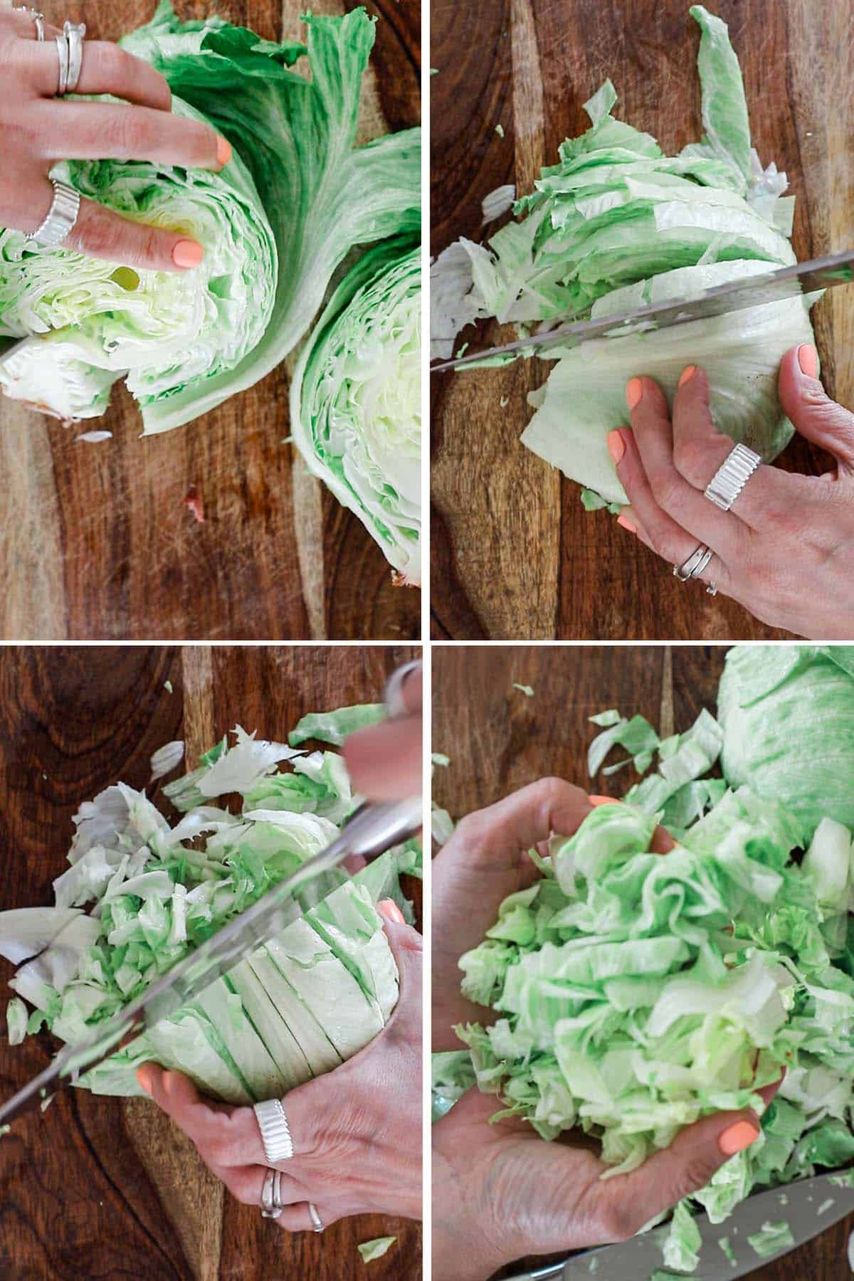 Lettuce being cup up on a cutting board.