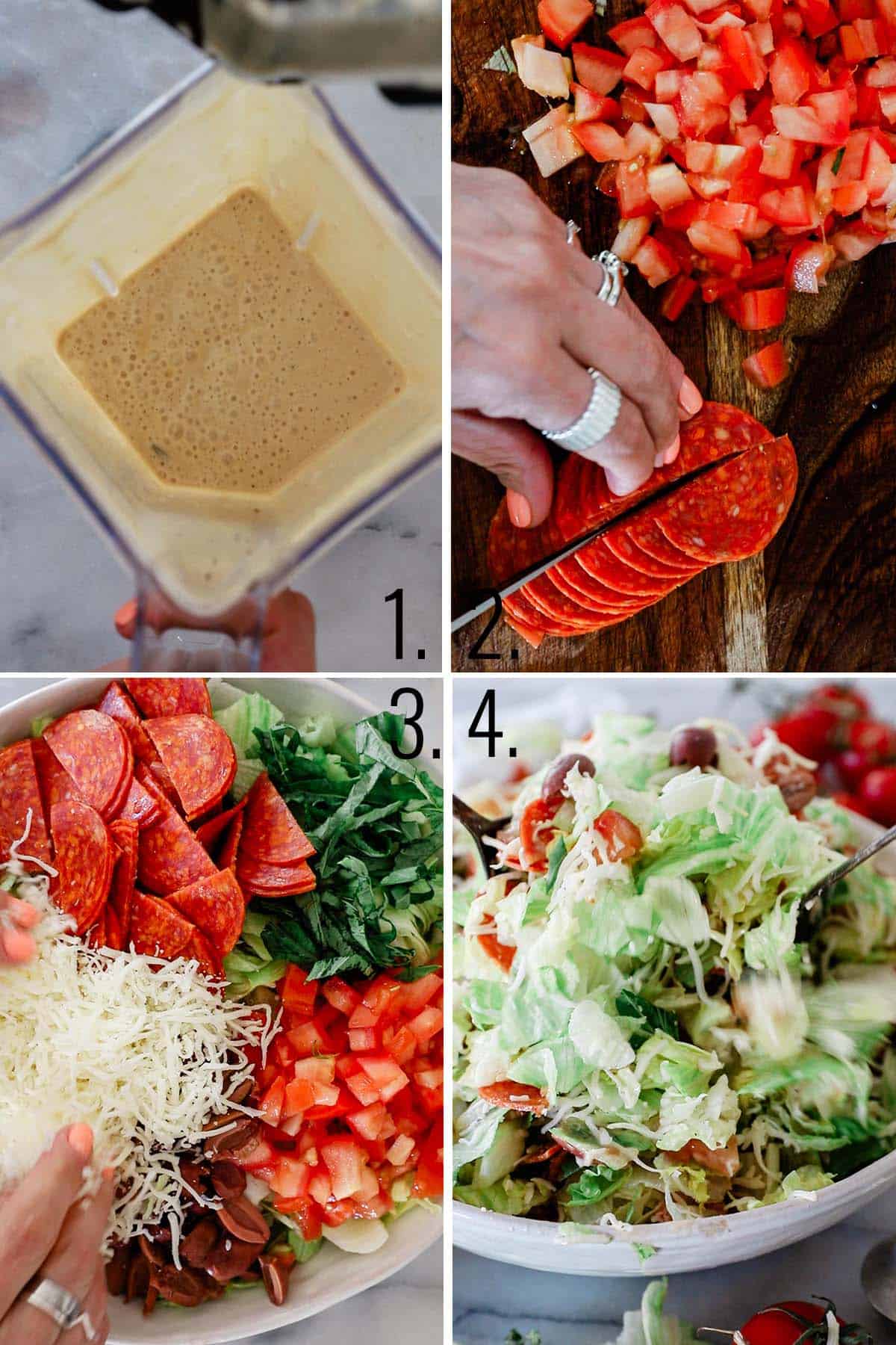 Dressing in the blender until smooth, then add the tomatoes, pepperoni, cheese and olives to the lettuce and mix.