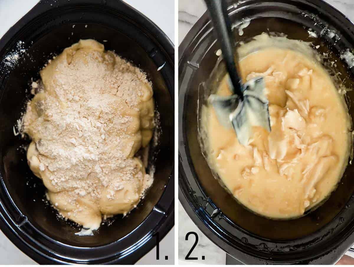 All the ingredients added to the crockpot then once cooked, the chicken is shredded.